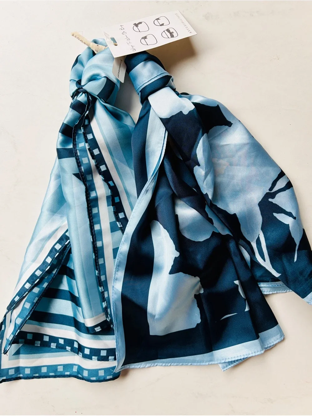 NWT Anthropologie Two Tone Printed Hair Scarf, Set of 2, Blue, Floral & Striped